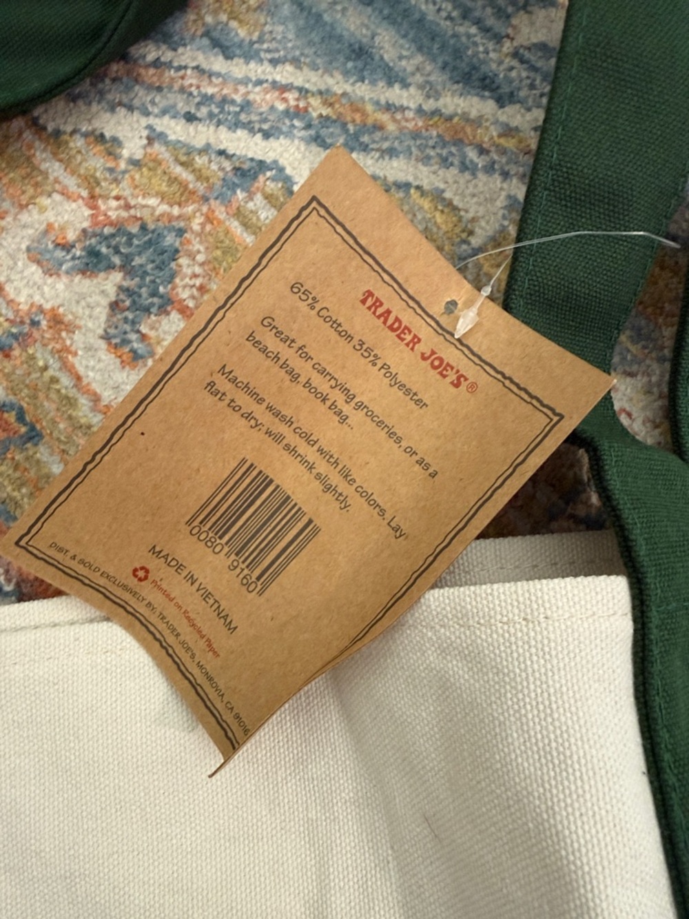 NWT Trader Joe's Green Canvas Tote Bag - Picture 3 of 3